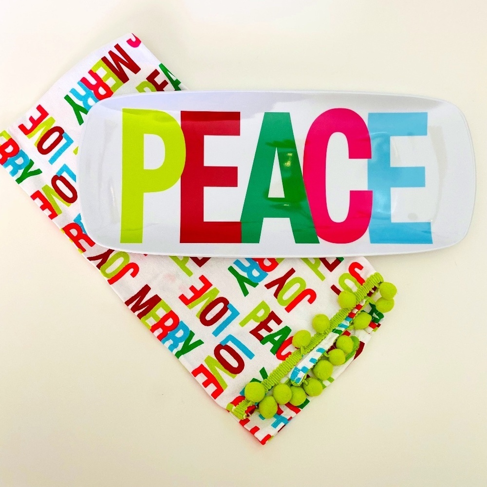 PEACE adorable Melamine tray and kitchen towel set. NEW